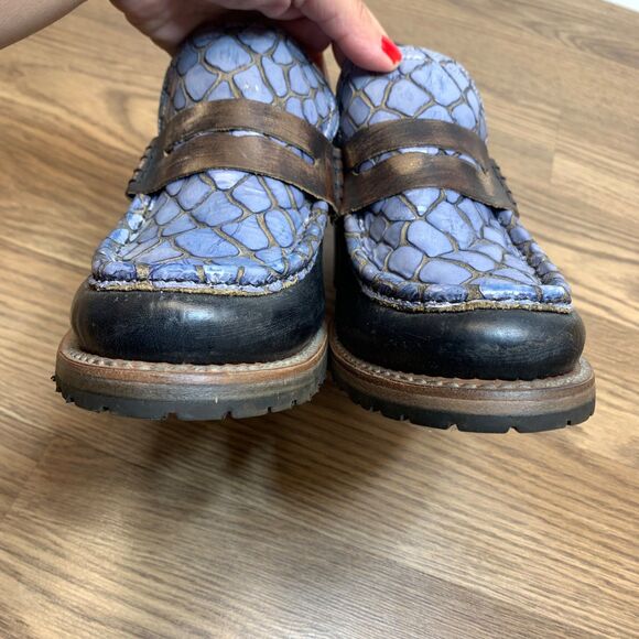 Women's Bristol Freebird Blue Snakeskin Print Leather Chunky Loafer Heels sz 10 - Picture 5 of 9